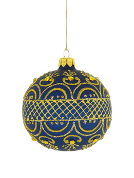 A set of 6 glass Christmas baubles in gold color with an ornamental decoration.