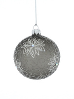 Set of 6 glass Christmas tree baubles with a flower motif on a navy blue background