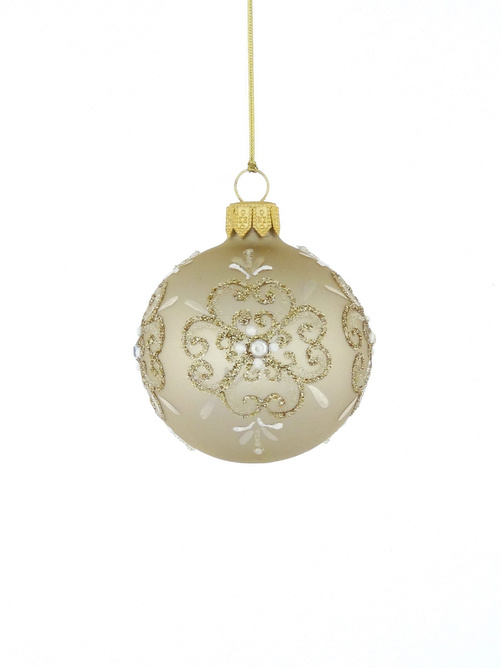 Set of 6 beige glass Christmas tree baubles with ornamental decoration