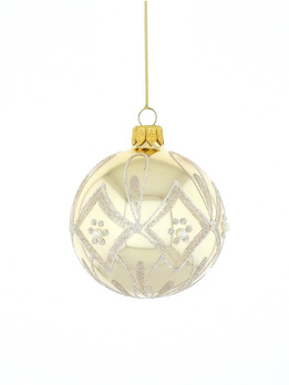 Set of 6 glass Christmas baubles in light gold color with ornamental decoration