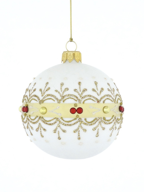 Set of 6 glass Christmas tree baubles in white with an ornamental motif