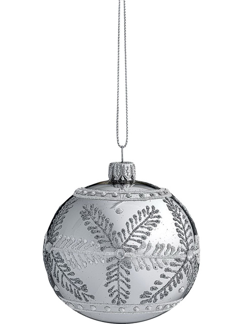 Set of 6 glass Christmas baubles with a glitter pattern and stones