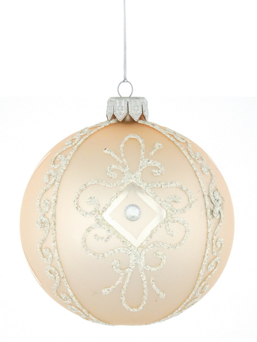 A set of 4 glass Christmas baubles with ornamental decoration.