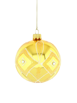 A set of 6 glass Christmas baubles in gold color with an ornamental decoration.