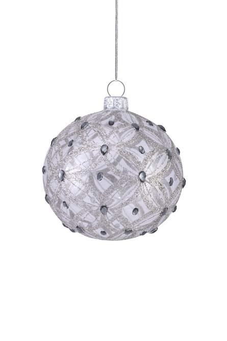  Set of 4 glass Christmas baubles with a glittery geometric pattern