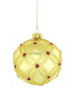 A set of 6 glass Christmas baubles in gold color with an ornamental decoration.