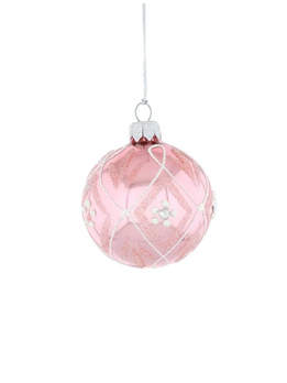 A set of 6 glass Christmas tree baubles in pink color with a silver crystal