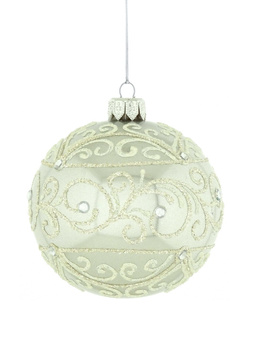 A set of 6 glass Christmas baubles in grey color with an ornamental decoration.