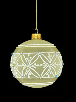 A set of 6 glass Christmas baubles in champagne color with an ornamental decoration.