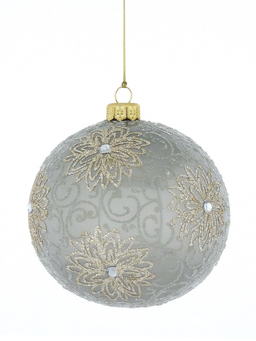 Set of 4 glass Christmas tree baubles with a flower motif in champagne color