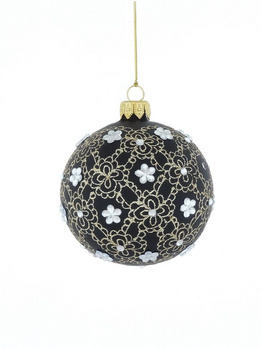 Set of 6 glass Christmas baubles with a gold lace motif