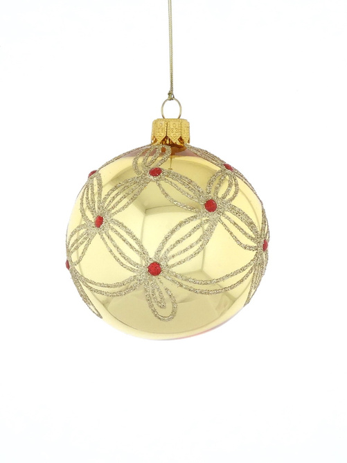 Set of 6 glass Christmas baubles in gold color with red crystals
