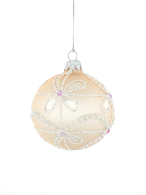 Set of 6 glass Christmas tree baubles with a flower motif on a pastel background