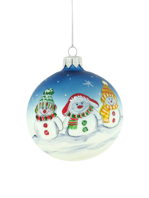 A glass Christmas tree ornament with hand-painted snowmen