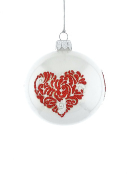 Set of 6 glass Christmas tree baubles with a heart motif in red