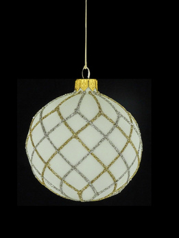 "A set of 6 glass Christmas baubles with a geometric pattern.        "
