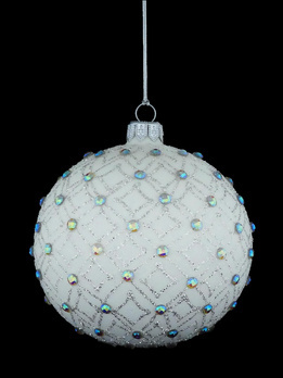 Set of 4 glass Christmas baubles with a glitter pattern and crystals