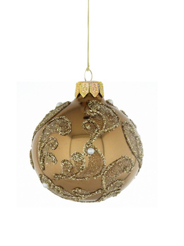 A set of 6 glass Christmas baubles in brown color with an ornamental decoration.