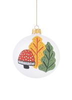 Set of 6 glass Christmas tree baubles with toadstools and trees