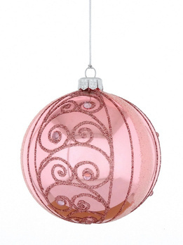 Set of 4 glass Christmas baubles with ornamental decoration on a pink background