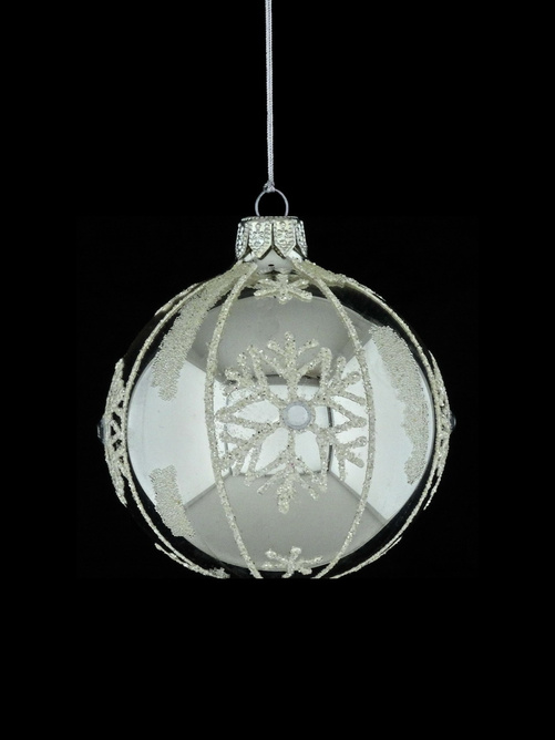 A set of 6 glass Christmas baubles with snowflakes.
