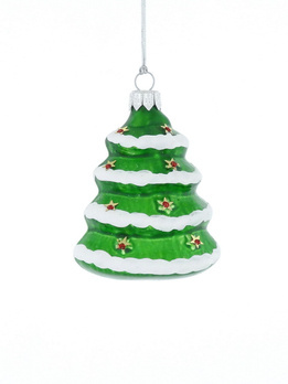 A glass bauble in the shape of a snow-covered Christmas tree