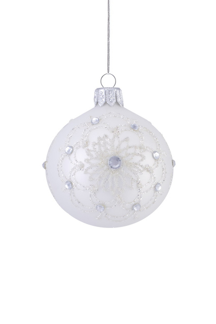  Set of 6 glass Christmas tree baubles in white with a snowflake motif