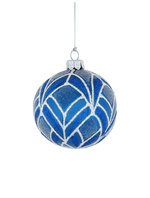 Set of 6 glass Christmas baubles with white decoration on a navy blue background