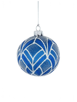 Set of 6 glass Christmas baubles with white decoration on a navy blue background
