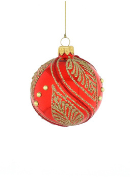 A set of 6 red glass Christmas baubles with gold decoration
