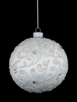 Set of 4 glass Christmas tree baubles in white with a feather motif