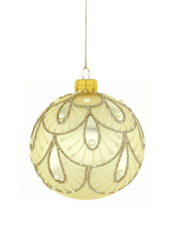 A set of 6 glass Christmas baubles in champagne color with an ornamental decoration.