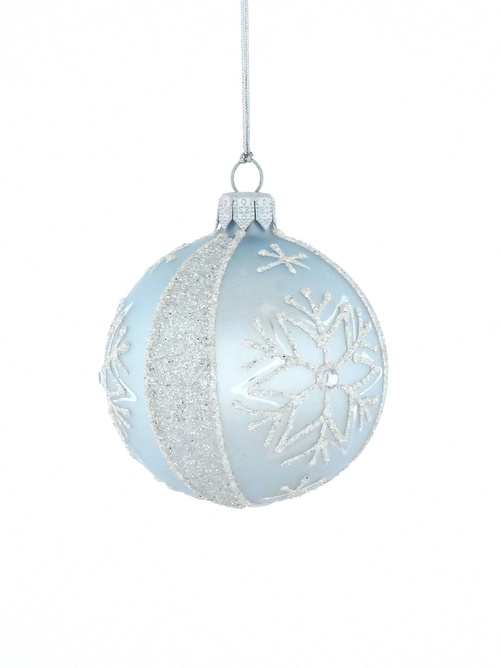 A set of 6 blue glass Christmas tree baubles with a snowflake motif