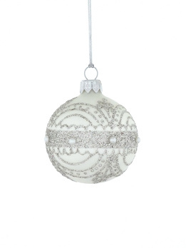 Set of 6 glass Christmas baubles with silver decoration on a white background