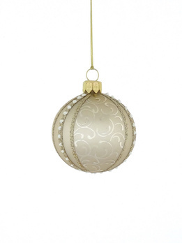 Set of 6 beige glass Christmas tree baubles with ornamental decoration
