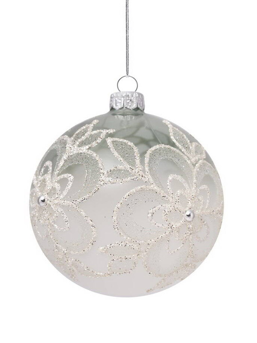 Set of 4 glass Christmas baubles with a glitter flower pattern and pearls