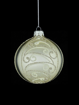 A set of 6 glass Christmas baubles in champagne color with an ornamental decoration.
