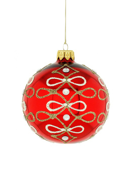 A set of 6 glass Christmas baubles with ornamental decoration.