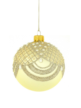 A set of 6 glass Christmas baubles in champagne color with an ornamental decoration.