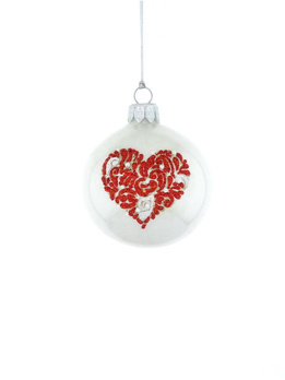Set of 6 glass Christmas tree baubles with a heart motif in red