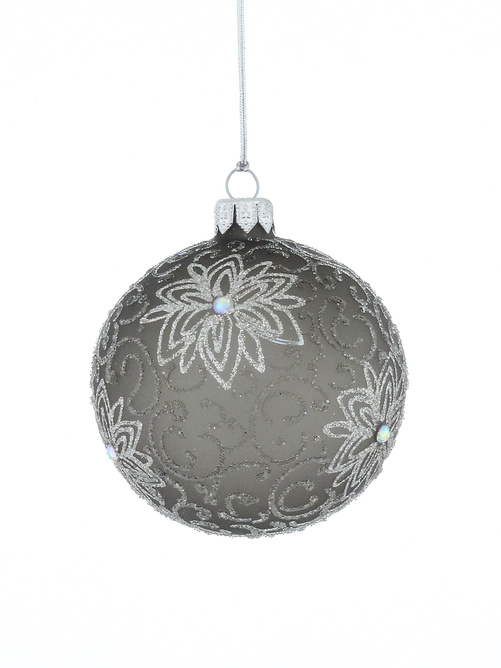Set of 6 glass Christmas tree baubles with a flower motif on a navy blue background