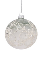 Set of 4 glass Christmas baubles with a glitter flower pattern and pearls