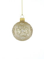 Set of 6 beige glass Christmas tree baubles with ornamental decoration