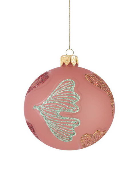 Set of 6 glass Christmas baubles with a glittering ginkgo leaf pattern
