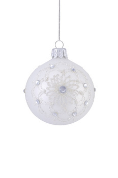 Set of 6 glass Christmas tree baubles in white with a snowflake motif