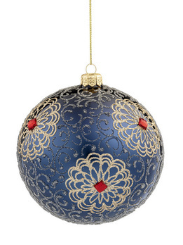 Szklana bombka choinkowa z brokatowymi ornamentami i kamykami