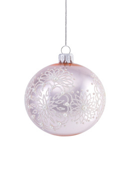 Zestaw 6 szklanych bombek choinkowych  z brokatowym wzorem kwiatów i perłami